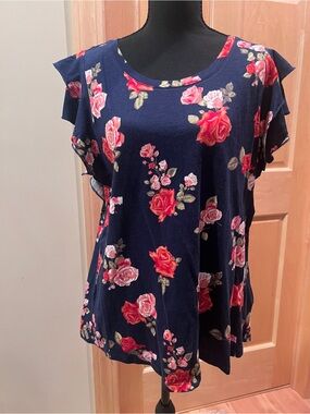 NWT Maurices Navy Floral Flutter Sleeve Top Red Pink Roses Coquette Cottage  L
